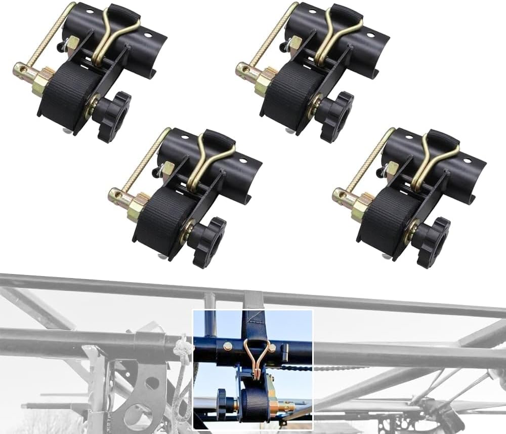 Mytee Products 2 Pack 1-1/2" x 7' Ladder-Rack Ratchet Tie-Down Straps Pair with Round Tube Mount & Double J Hook – Heavy-Duty Zinc-Plated & Black Powder-Coated for Truck Rack Load Securement