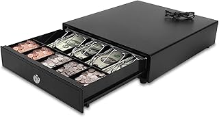 Holdfiturn Cash Drawer Heavy Duty Electronic Cash Drawer Box with Keys Cash Drawer Register with 4 Bills and 5 Removable Coins Tray for Point Sale System 33.5x38x8cm