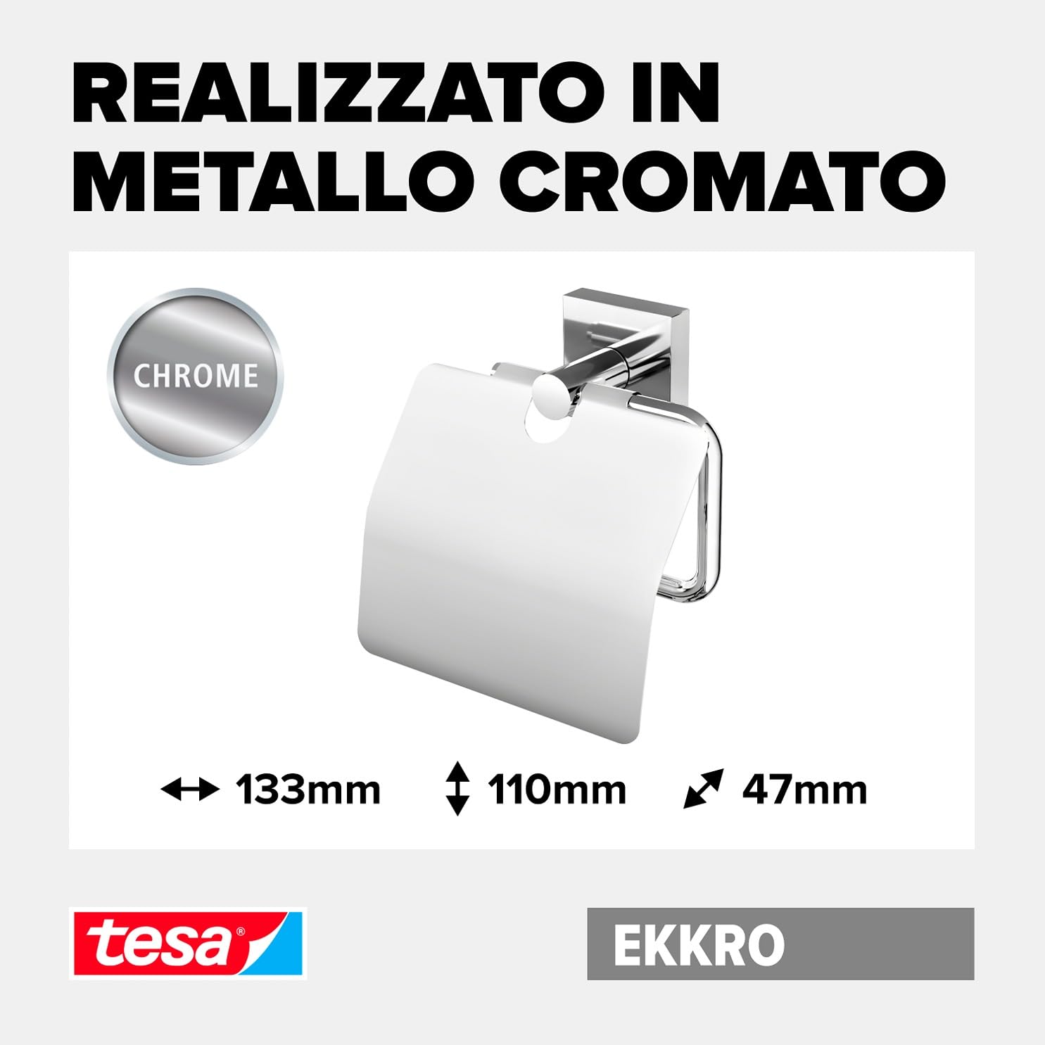 tesa EKKRO Portarotolo WC con Coperchio - Porta Carta Igienica Adesivo in Metallo Cromato Lucido senza Perforazione, per Bagni - Colla Rimovibile inclusa