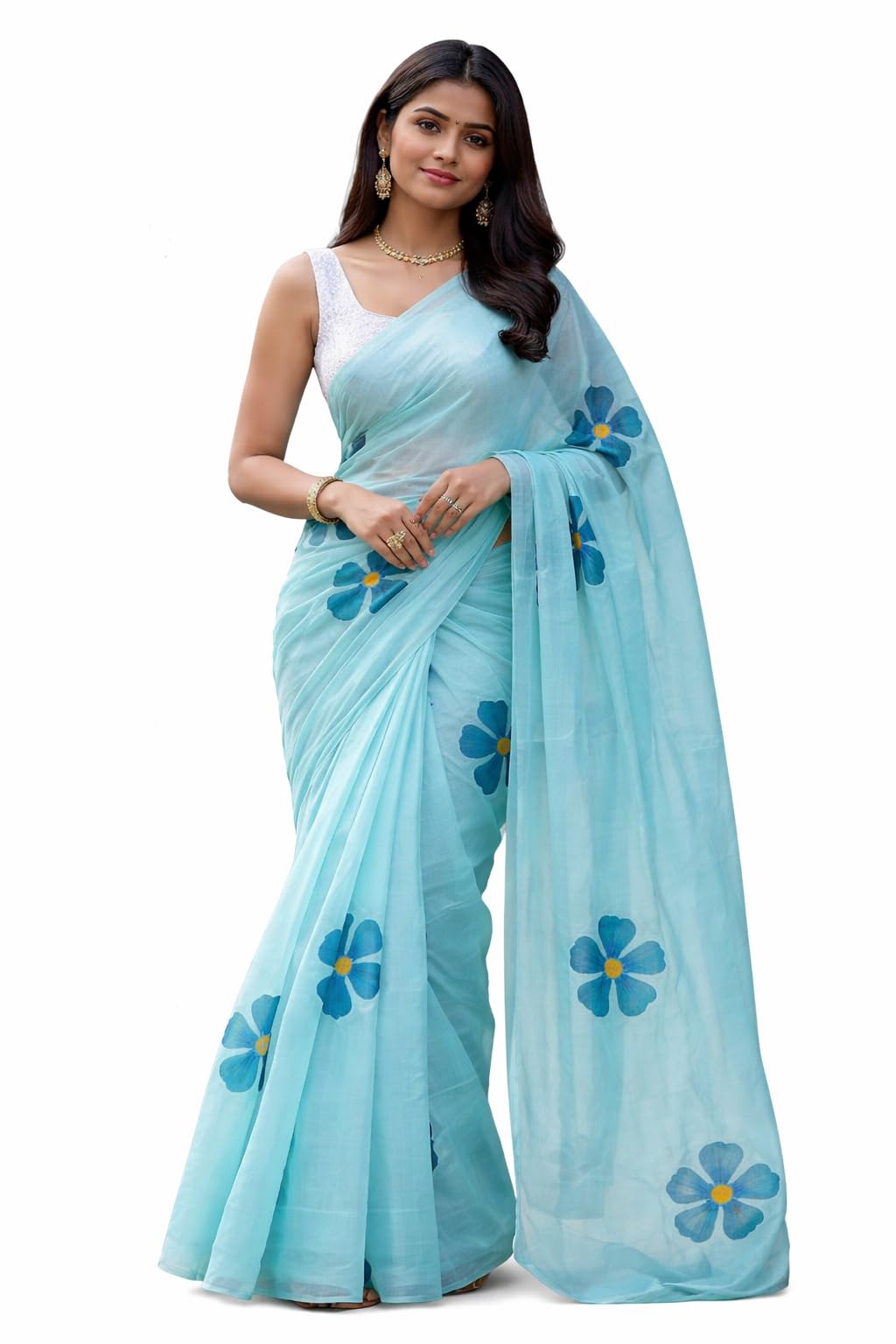 The MAKKI Trends - Pure Linen Striped Saree for Women, Orange and White | Kalamkari bridal saree pure linen cotton saree saree | Linen sarees with floral print-picture-50