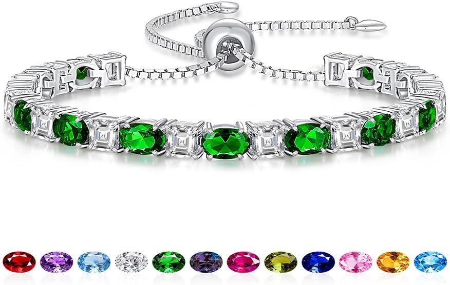 Sterling Silver Birthstone Bracelets for Women White Gold Tennis Bracelets Adjustable Chain 6-9 Inchs Jewelry Hypoallergenic Anniversary Birthday Gifts for Women Mom Wife Her