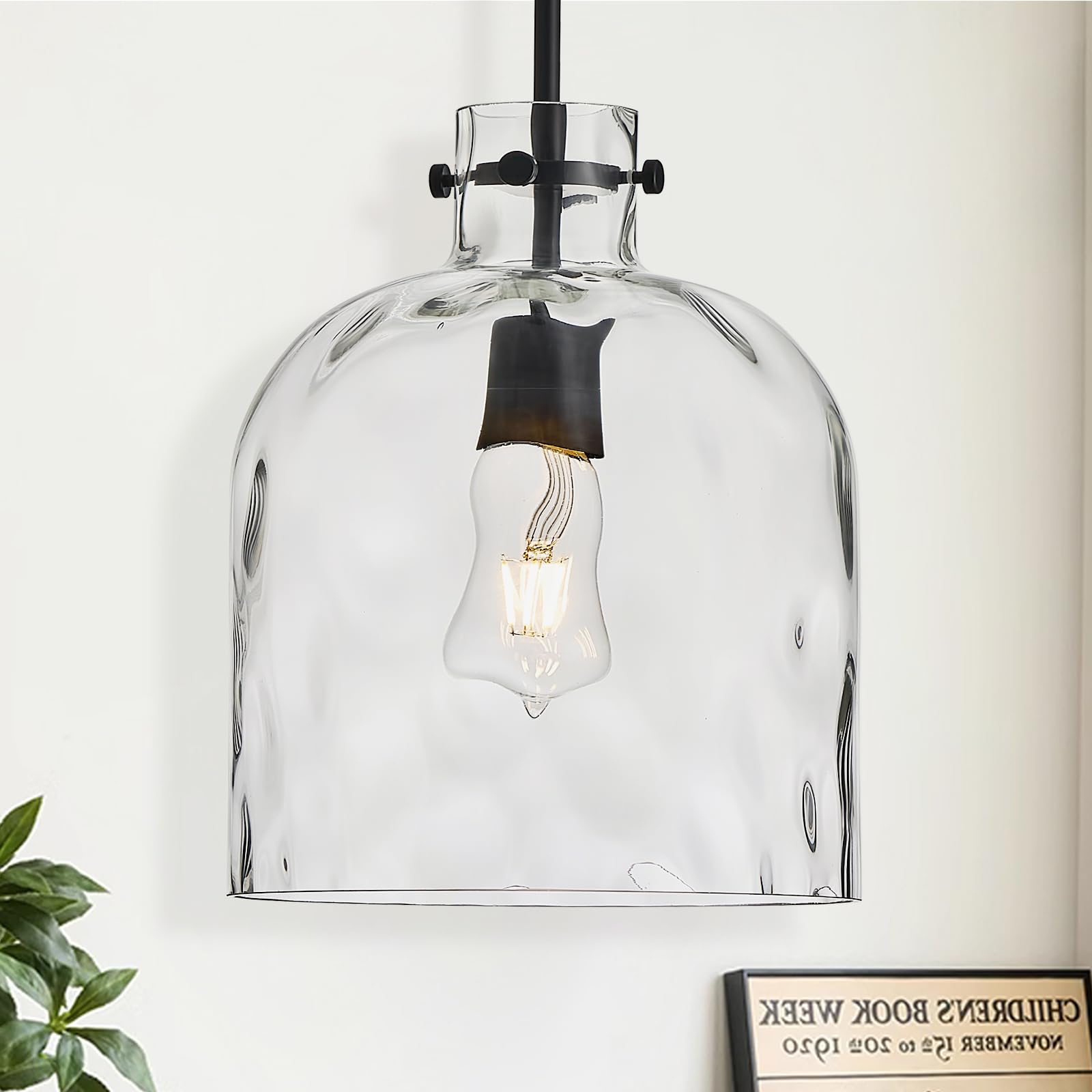 modern black glass pendant light – 10-inch wide single dome light fixture, 1-light e26 ceiling hanging lamp for kitchen island, dining room, hallway