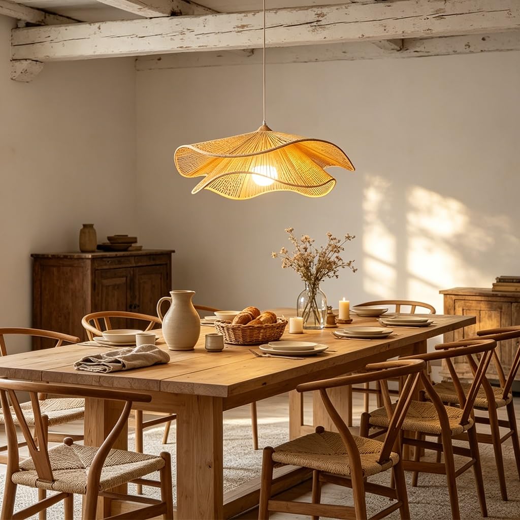 Lámpara Colgante De Ratán Tejido A Mano Forma Ondulada Estilo Boho Wabi Sabi Altura Regulable De Material Natural Para Salón Comedor Dormitorio Cocina Café Casa Rural