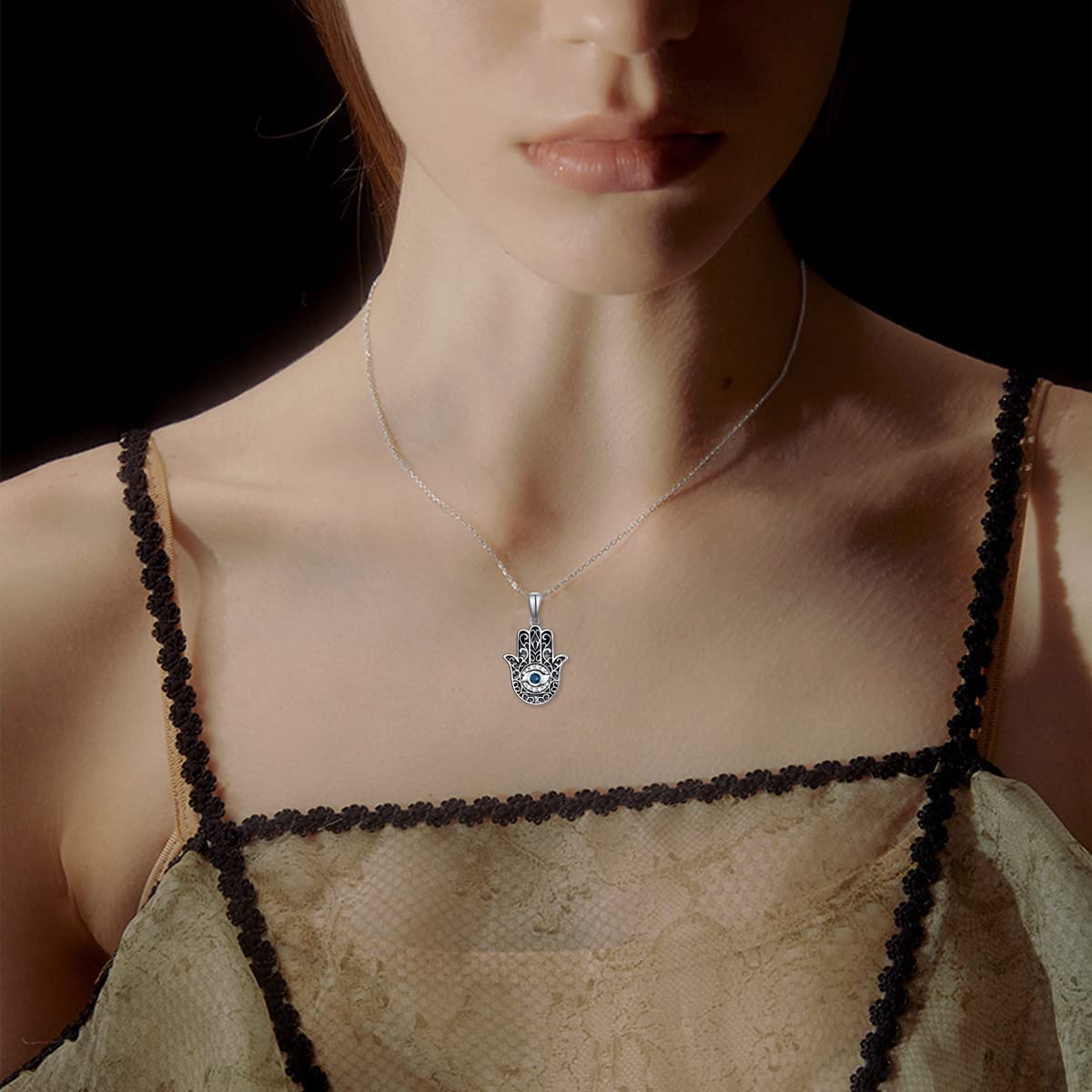Collar contra el mal de ojo con cristal de plata de ley 925 con colgante de mano de Hamsa, sol y mal de ojo, regalo para mujeres y hombres
