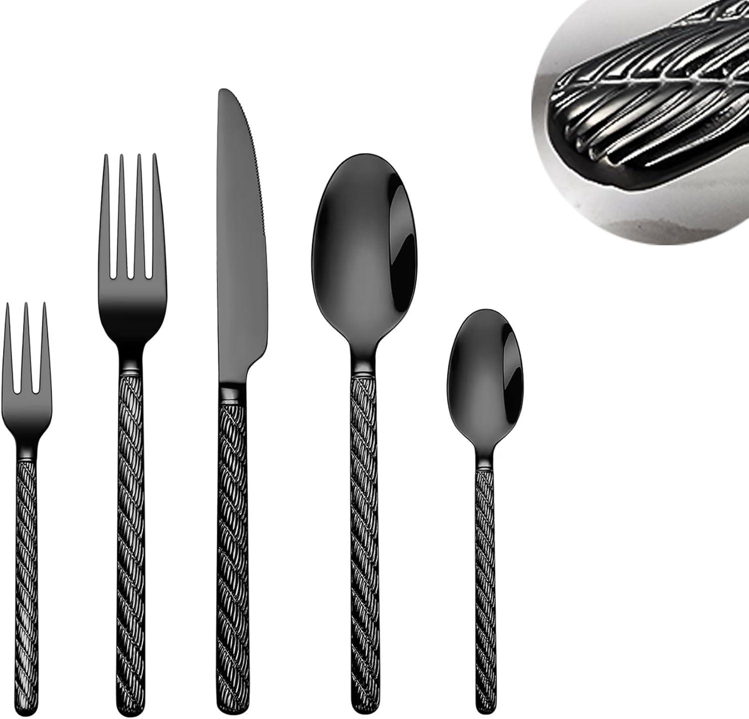 50-Piece Black Silverware Set with Hammered Handle,1810 Stainless Steel Twist Handle Flatware Set, Black Forks and Spoons Cutlery Set for 10,Mirror Polished,Dishwasher Safe