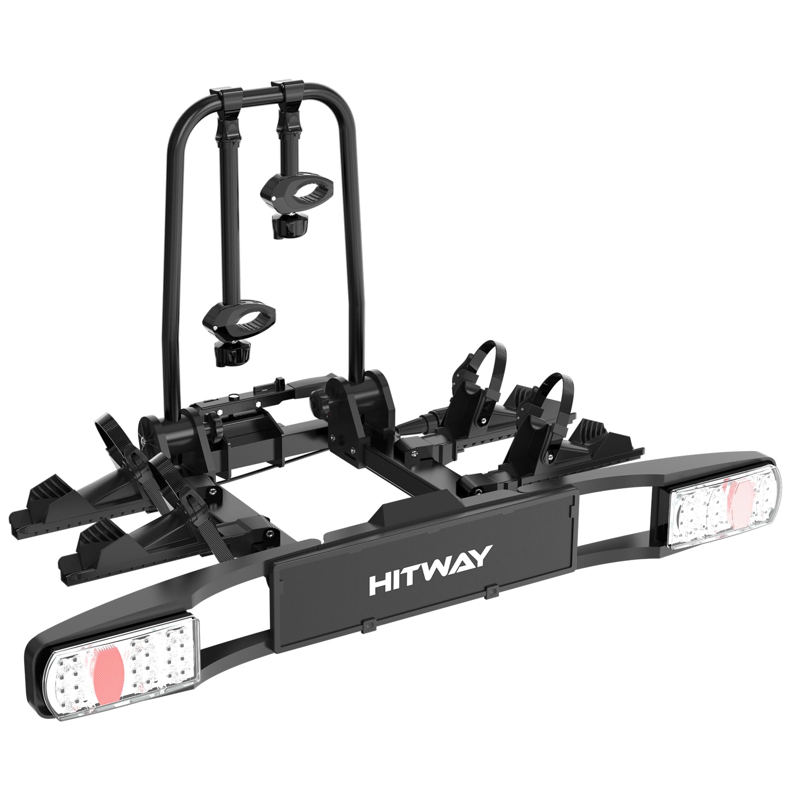 HITWAY Portabici per 2 biciclette elettriche, capacità di carico 60 kg, pedali pieghevoli, luci posteriori a LED, premontato, nero