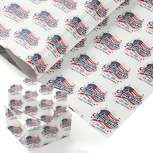 PlandRichW Happy 250th America Birthday Wrapping Paper 1776-2026 Patriotic Gift Wrap 4 Large Folded Sheets 40x28 (No Roll) for 4th of July Independence Day National Celebration Party