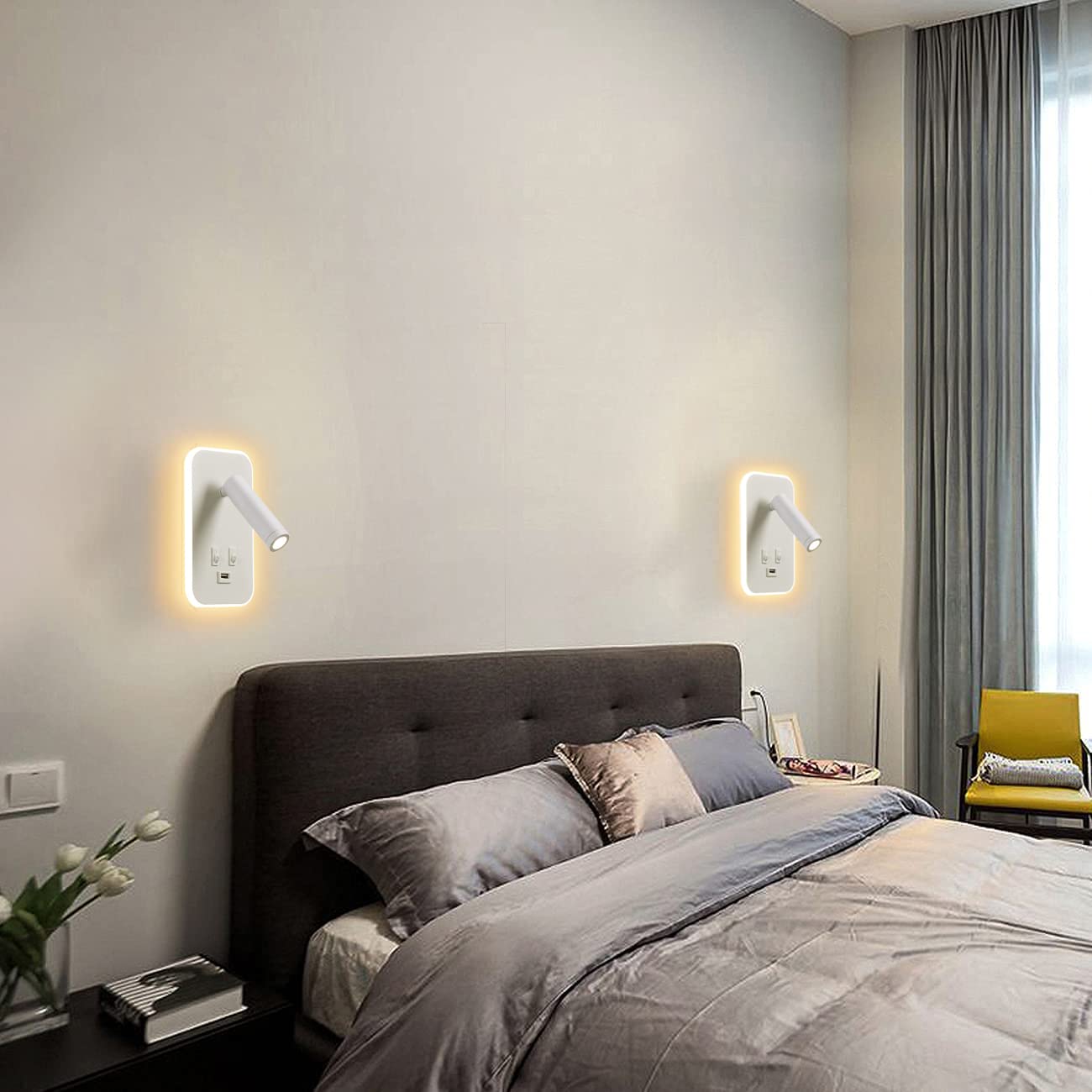 Lampada da Parete a LED, Lampada da Lettura da Comodino, con Porta di Ricarica USB, Faretto Regolabile con Luce Ambientale per Camera da Letto (3W 3100K+9W 6000K) Bianco