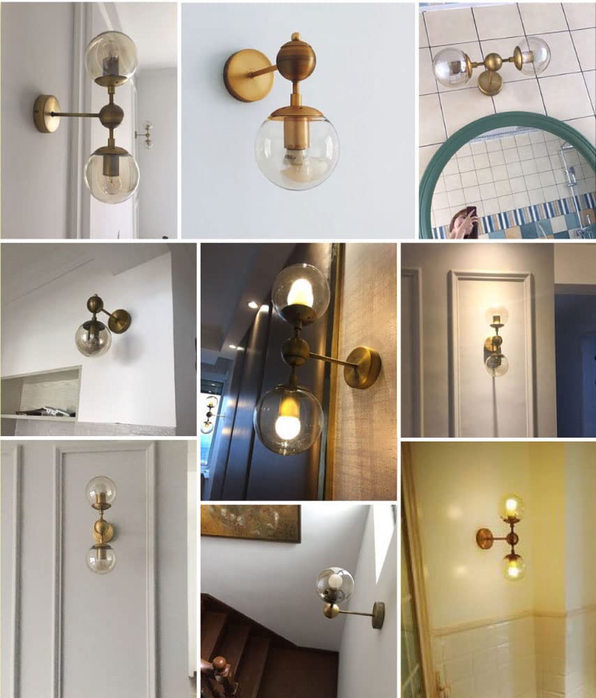 JXHSWDG Kinkiety Kinkiety Lampy Mosiądz Przemysłowe kinkiety ścienne Retro Złoty kolor Szklana ściana Światło Okrągła kinkiet do restauracji Salon Łazienka Nocna E26-A-2 Światło (1 światło)
