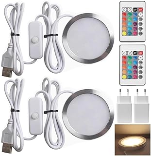 2 Sets Unterbauleuchte Küche LED Dimmbar, Plug in LED Rund Schrankbeleuchtung mit schalten und Fernbedienung, Europäischer Standardstecker für Kabinett Schränke Weinschrank Kleiderschrank