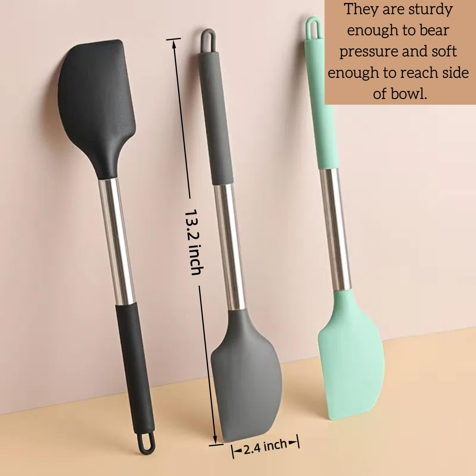 Juego de espátulas de silicona con mango de acero (13.2 pulgadas), paquete de 3 espátulas de goma antiadherentes grandes resistentes al calor 600 °F, espátulas de utensilios de cocina para 4