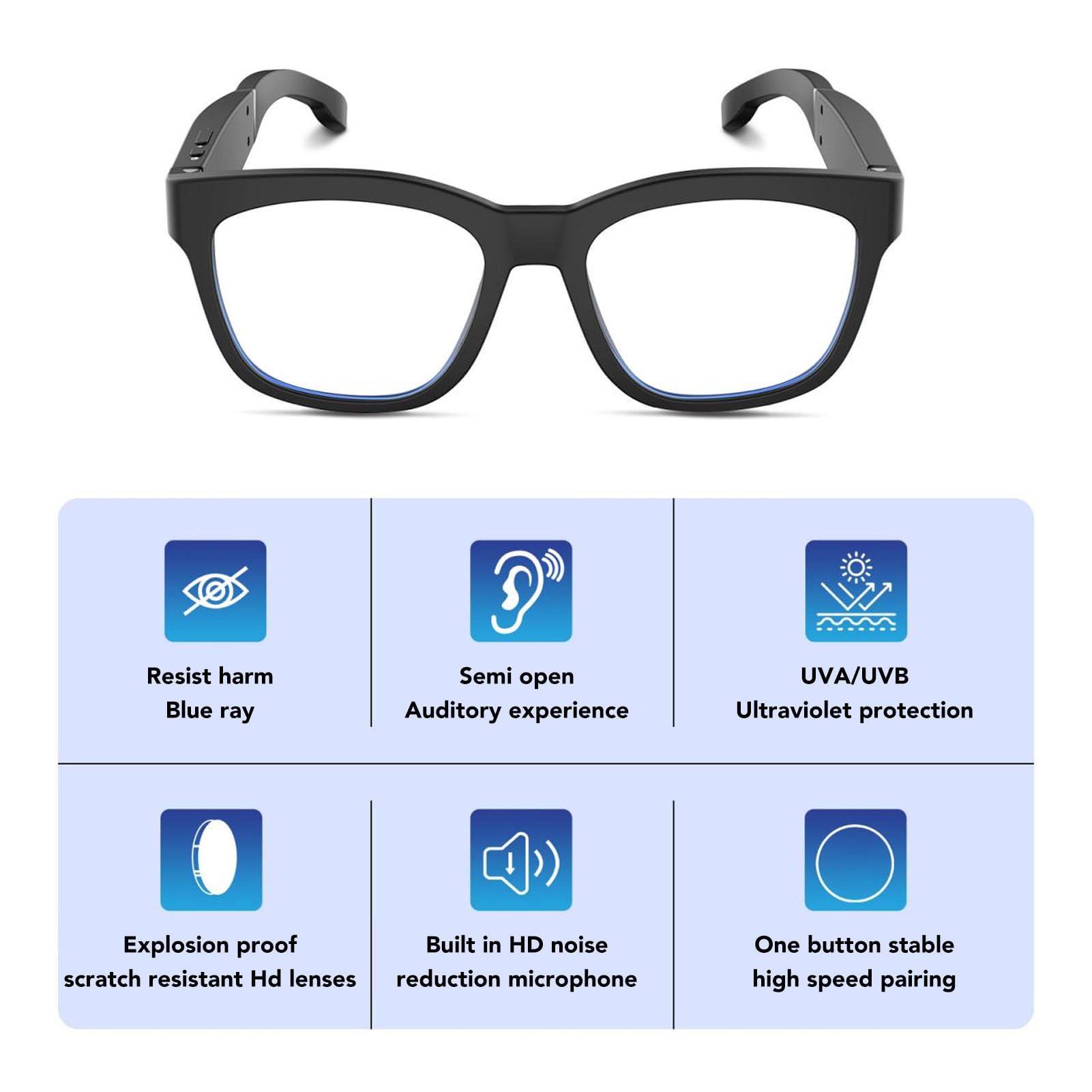 Lunettes Intelligentes Haut-parleurs Micro Intégrés, Lunettes Casque Bluetooth, Musique à Oreille Ouverte, Contrôle Tactile, Lunettes Anti-Blocage Bleu Longue Veille pour Femmes