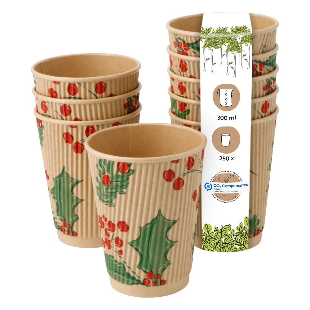 BIOZOYG 250 gobelets cannelés de 300 ml 'Branches' d'hiver pour café à emporter biodégradables à usage unique. Gobelets cannelés en carton compostable non blanchi pour le vin chaud.