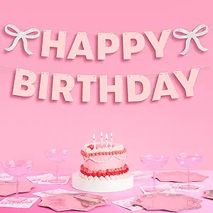 xo, Fetti Happy Birthday Banner, Foil + Pink Glitter | Princess Party Decorations, Bow Garland, 21st Decor, Coquette Graduation, Girls Bday Sign