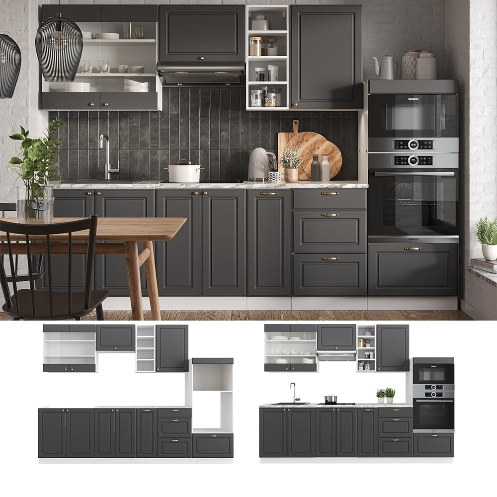 Vicco Cucina componibile Fame-Line, Antracite-Oro/Bianco, 280 cm, PL Marmo, per l'espansione personalizzata tramite moduli aggiuntivi compatibili