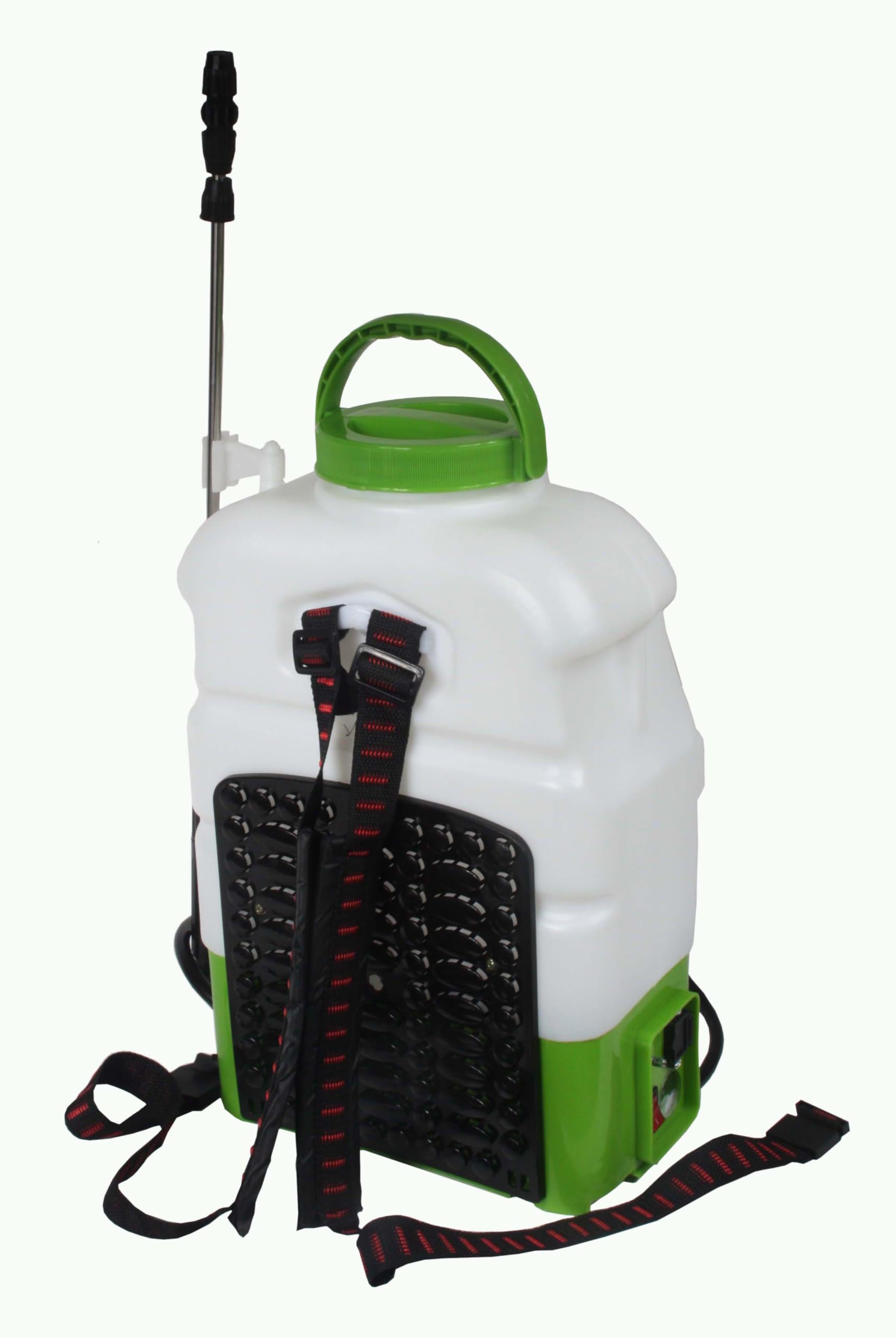 Bass Polska Spruzzatore posteriore a batteria, 16 l, elettrico da giardino con pompa a membrana da 12 V, lancia telescopica, ugello per erbicidi, caricabatterie, bianco-verde