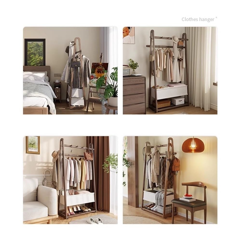 Massivholzgarderobe mit Rollen, mobiles Aufbewahrungsregal für Eingangsbereich und Schlafzimmer, Hängeorganizer mit Stofftasche, höhenverstellbar, Walnussholz-Finish, kleine Größe