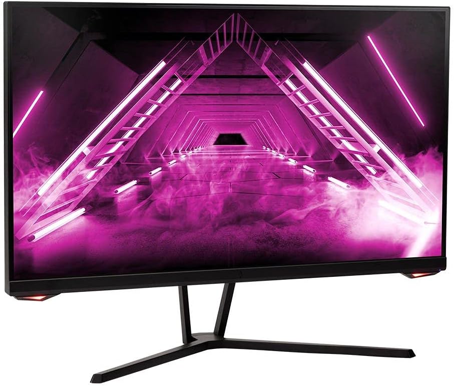 ด้านหน้า view of the Monoprice Dark Matter 27-inch gaming monitor, displaying a vibrant purple abstract image.