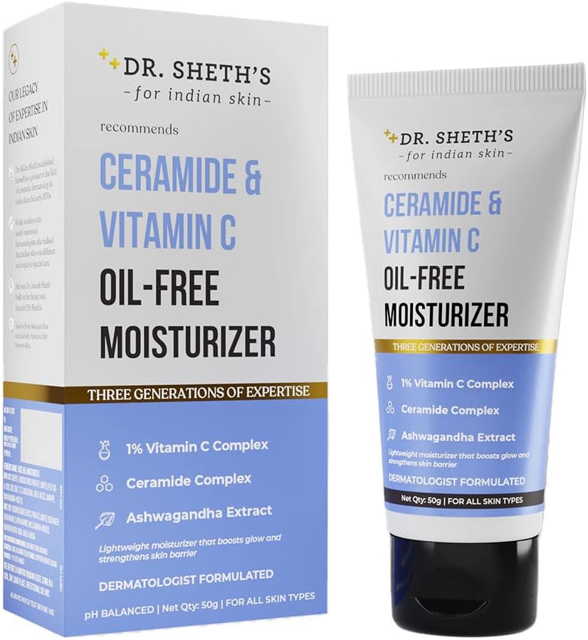 Dr. Sheth’s Ceramide & Vitamin C Oil – Free Moisturizer| Lightweight Moisturizer to Hydrate & Brighten Skin | With Vitamin C, Ceramide & Ashwagandha | For Women & Men | 50g