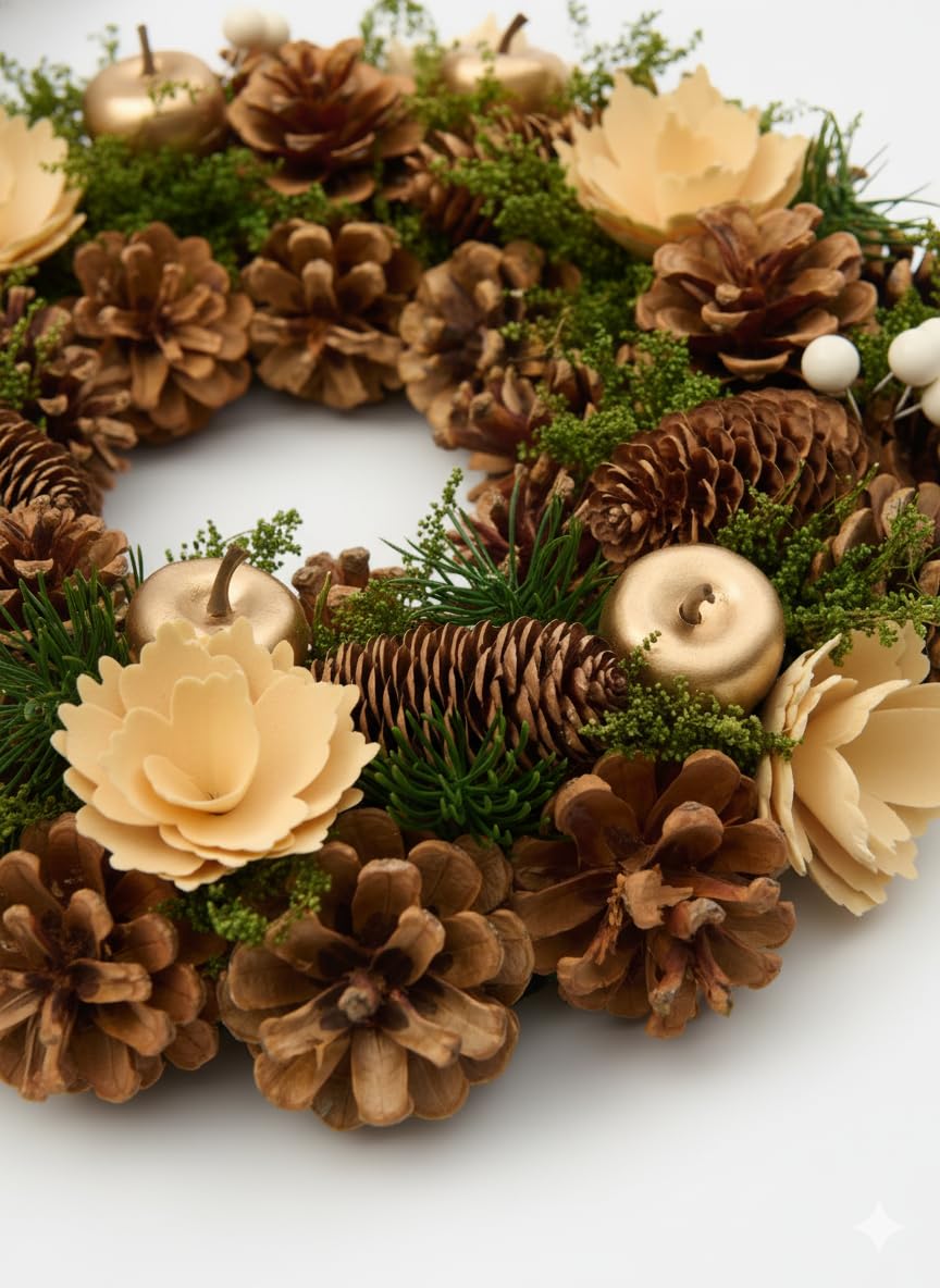 Guirnalda navideña de 35 cm, con flores artificiales y detalles dorados, corona para puerta, pared o mesa, decoración elegante para Navidad e invierno