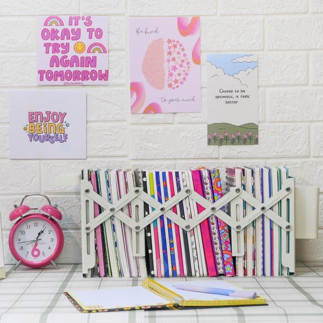 Image of Adjustable Bookend Organizer with Pen Holder | Expandable Desk Bookshelf for Office, Study, and Home | Book Rack Stand for Books, Files & Stationery (Extends Up to 17 Inches) - White