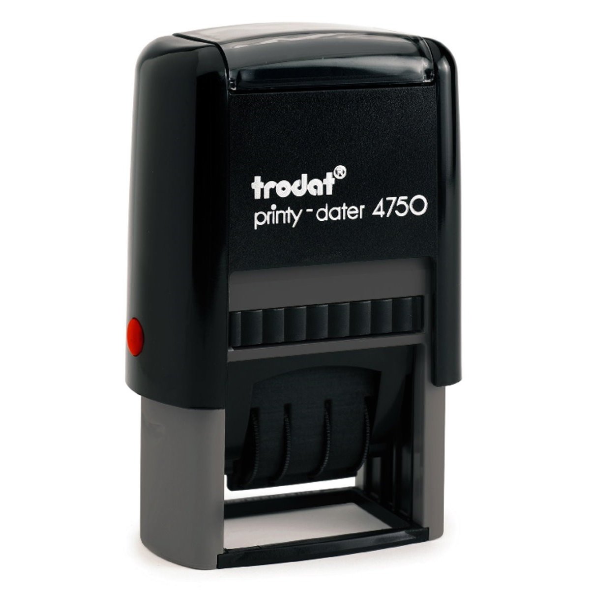 Trodat Printy Dater 4750 Datumstempel mit 2farbigem Kissen blau/rot + Wunschtext, Stempeltext:G E B U C H T