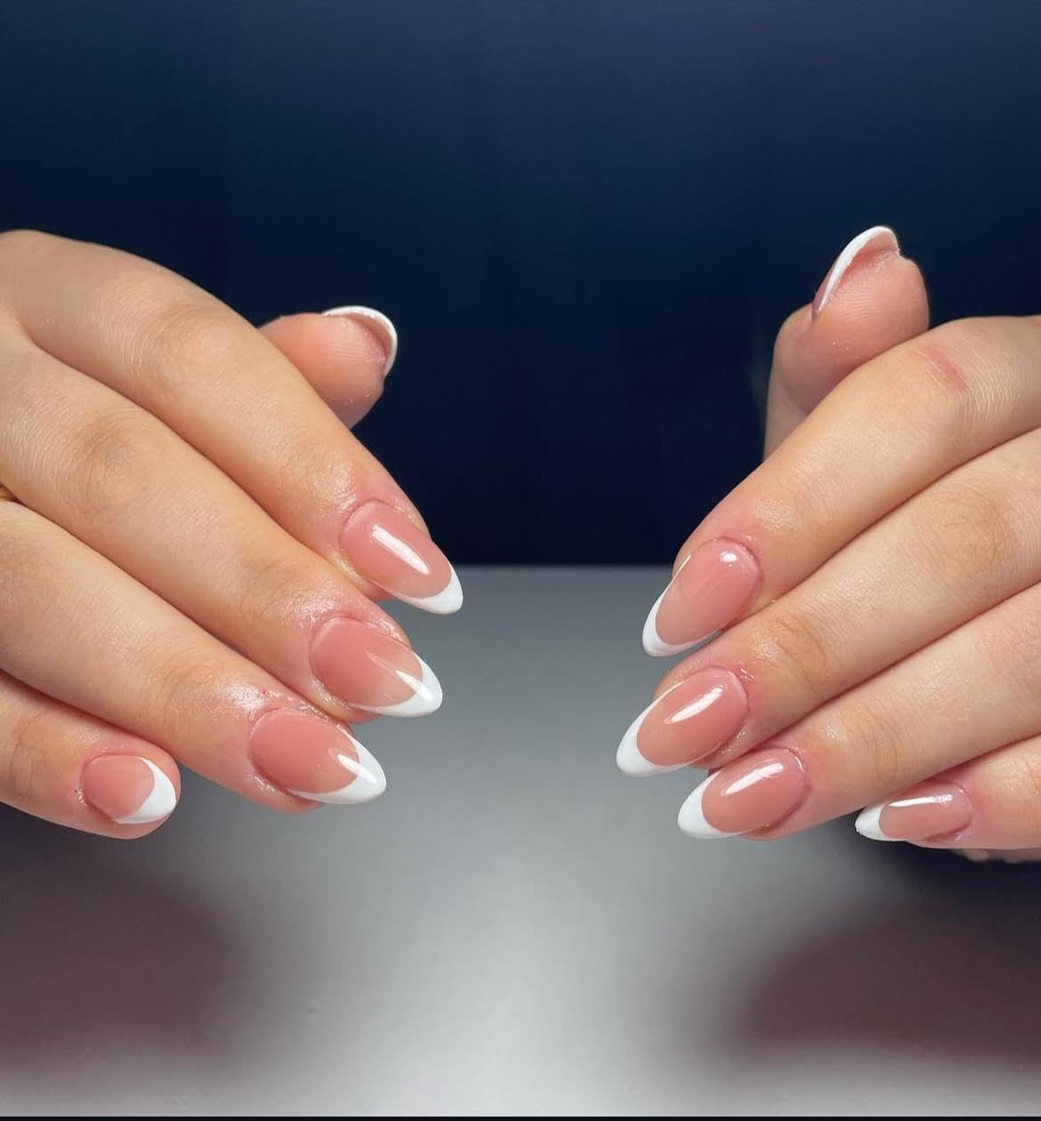 AMOK STORE Pack Of 24 Short Almond Shape Artificial Nails With White French For Women And Grils Pre Designed Non Toxic Reuseable Press-On Nail Tips Decorative Colored Nails (Pinky Promise)