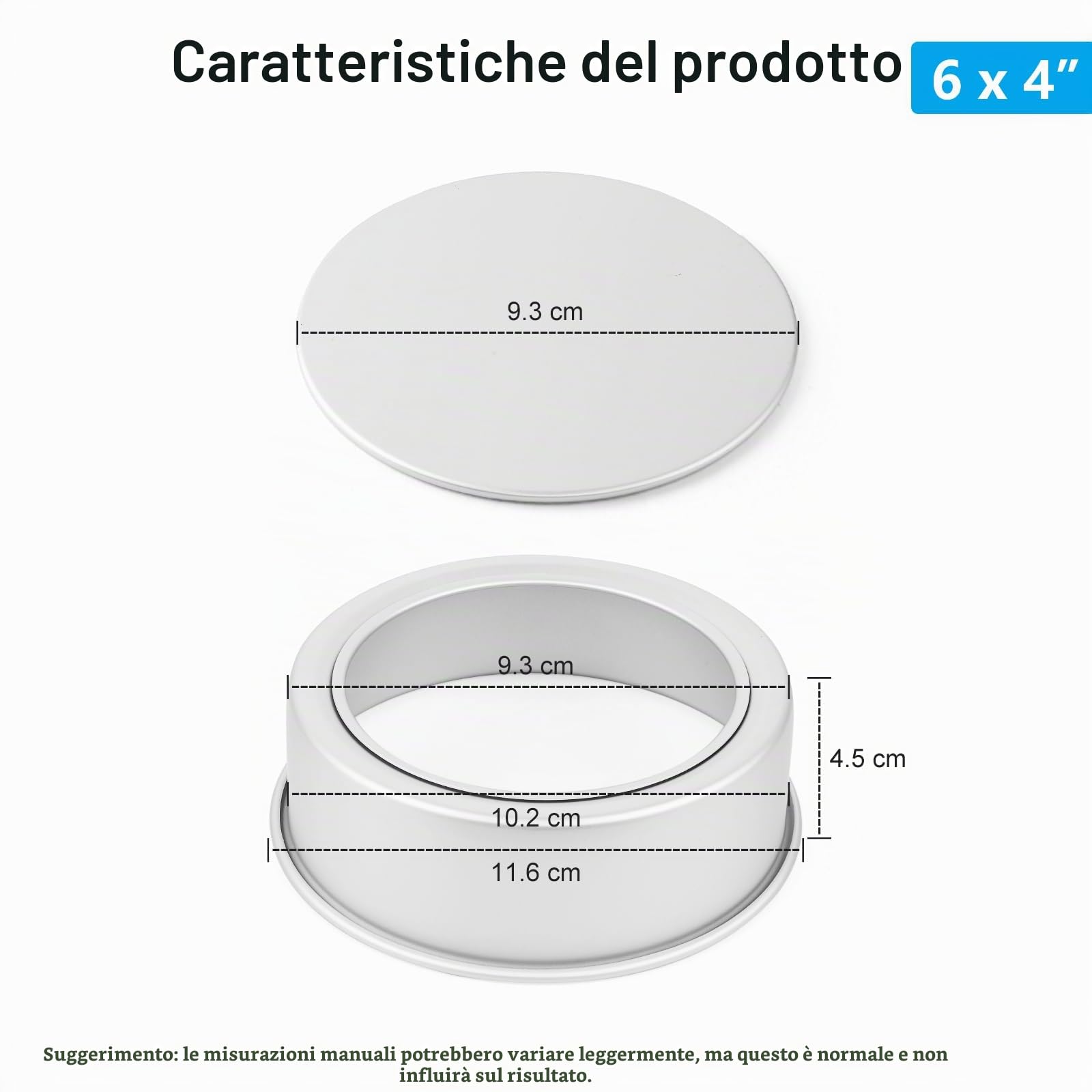 6 Pezzi Mini tortiere rotonde da Ø 10 cm, Teglia da forno per torte in alluminio anodizzato con fondo rimovibile, per cheesecake, torte e quiche, Argento