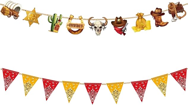 Wild West Cowboy Banners Decoration, Western Bandana Paper Signs Hanging Ornament for Birthday Party Favors, Vintage Pennant Garlands Backdrops for Western Cowboy Indoor Outdoor Supplies