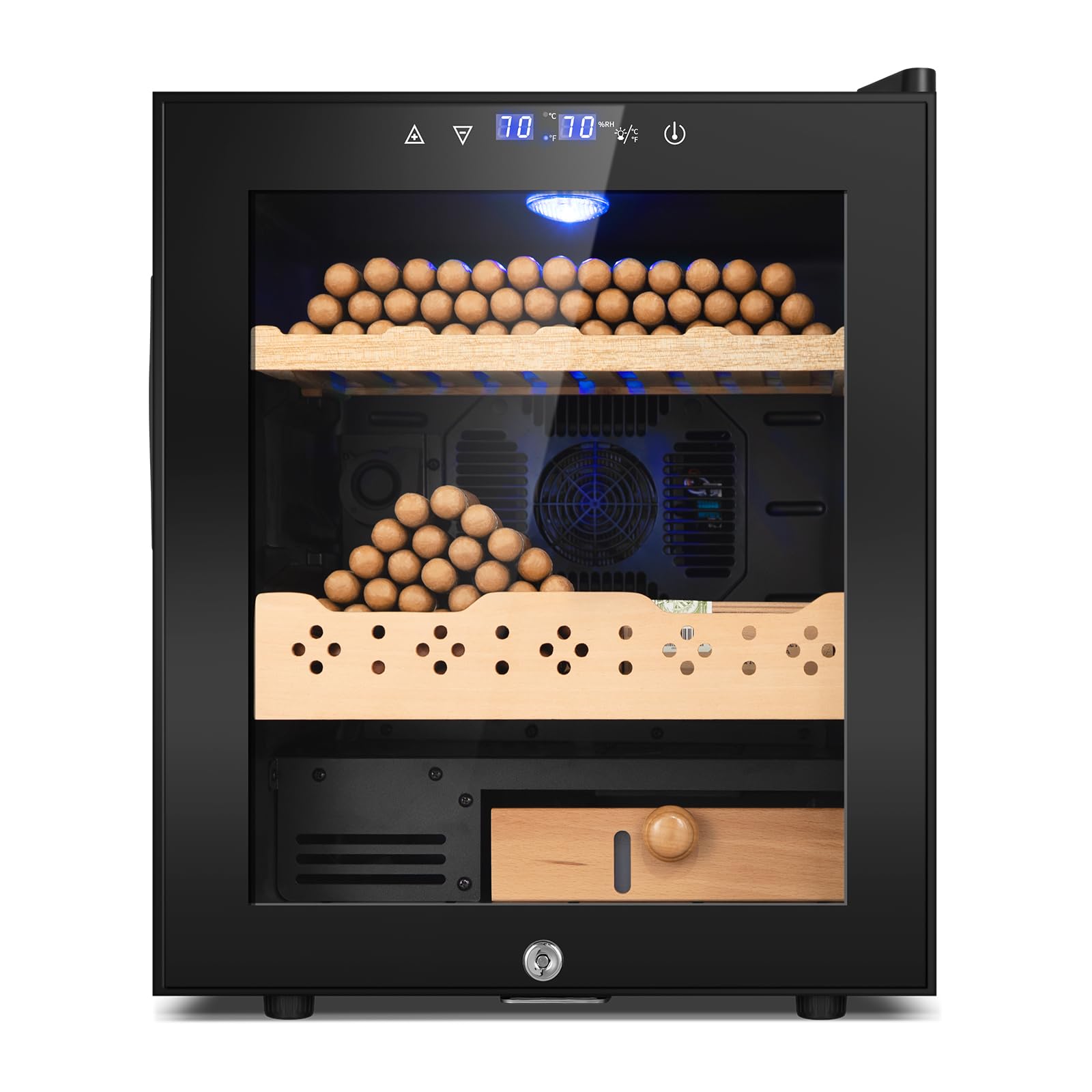 Electric Cooler Cabinet 50L with Temperature and Humidity Control, Spanish Cedar Wood Shelves and Safety Lock (370 Counts Capacity), Gift for Men