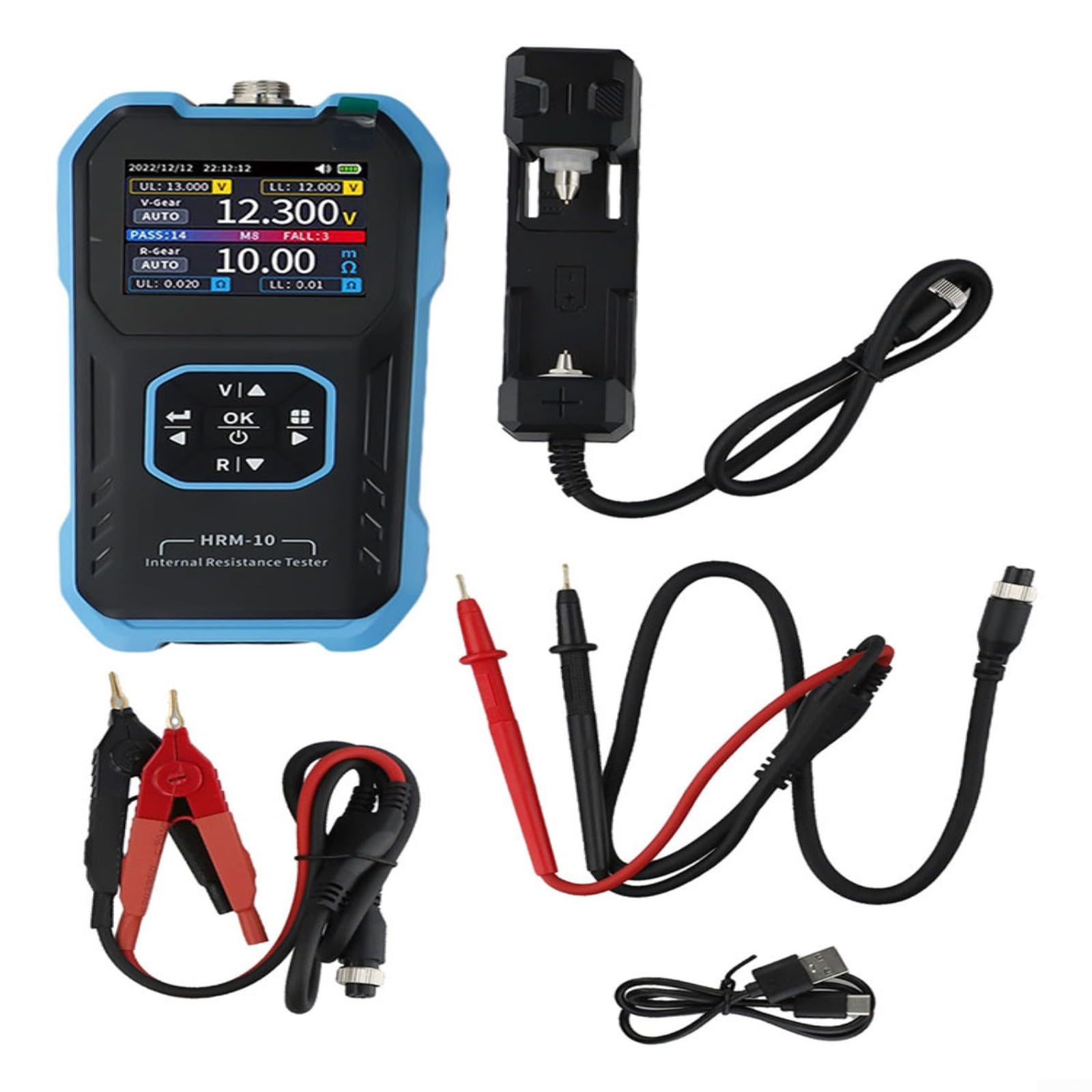 HRM-10 Batterietester Lithium Batterie Analyzer Mit Farbdisplay Genauigkeit Funktionserkennung Datenexport Sortiermodus Haltefunktion Kelvin-Messung Typ-C Für Werkstatt Labor Zuhause(E)