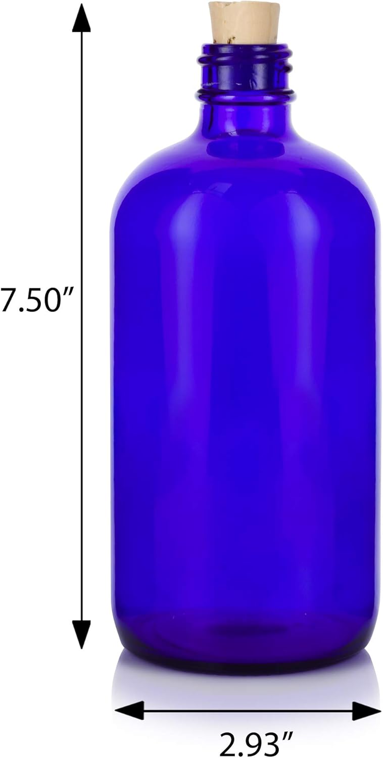 JUVITUS 16 oz Cobalt Blue Glass Boston Round Bottle with Cork Stopper Closure (4 Pack) + Funnel
