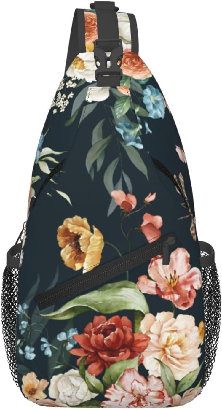Colorful Floral Pattern Crossbody Sling Bags Watercolor Flowers Green Leaves Branches Sling Backpack for Women Casual Shoulder Bag Beautiful Spring Blossoms Travel Gym Sports Hiking Daypack
