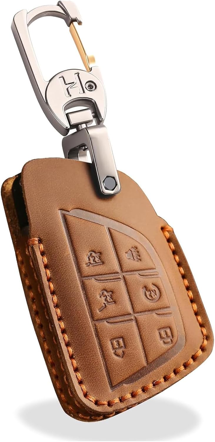 OLLEN Genuine Leather Key Fob Cover 2021-2026, Fit for GMC Yukon Denali Sierra Chevy Silverado Suburban Tahoe Buick etc, Leather Smart Remote Key Protector, 5 Buttons, Blue