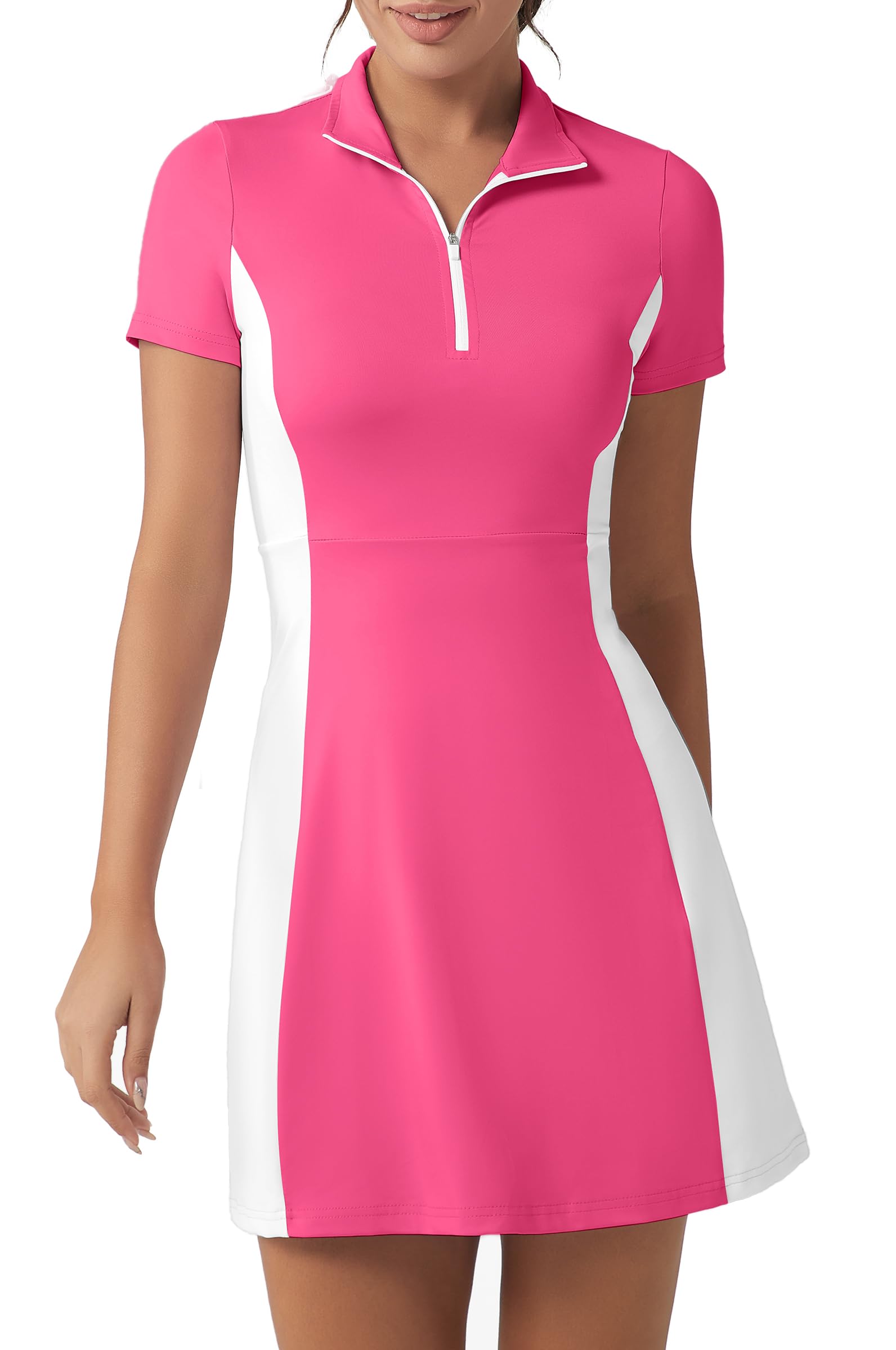 FKEEP Women's Golf Tennis Dress with Shorts, Roll-Neck, Athletic Workout, Golf Dress, Casual, Sleeveless, Colorblock Dress, XXL