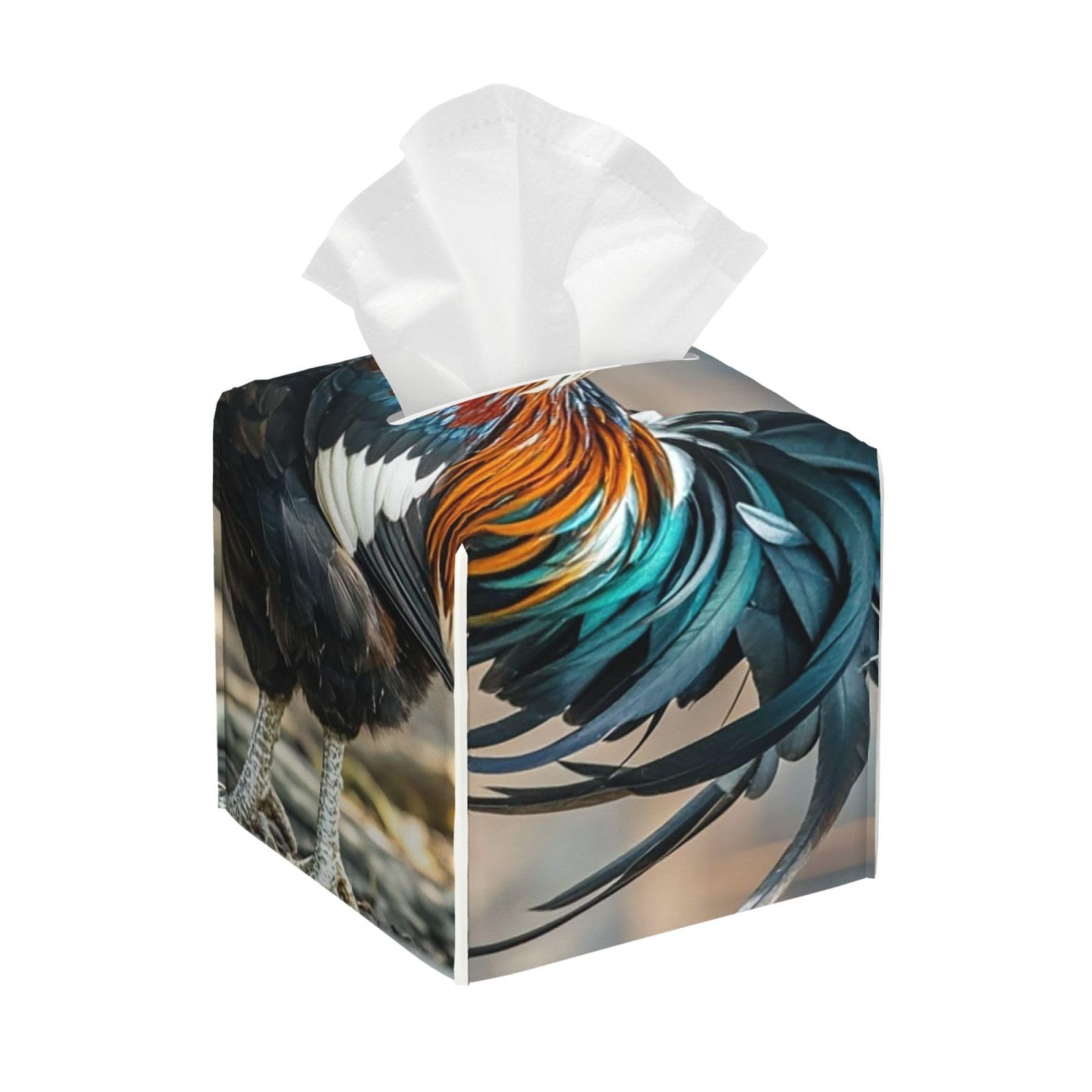 Pu Leather Cube Tissue Box Holders Modern Waterproof Square Tissue Box Cover Old Rooster Illustration Facial Paper Holder for Bathroom Kitchen Nightstand Office Home Decor