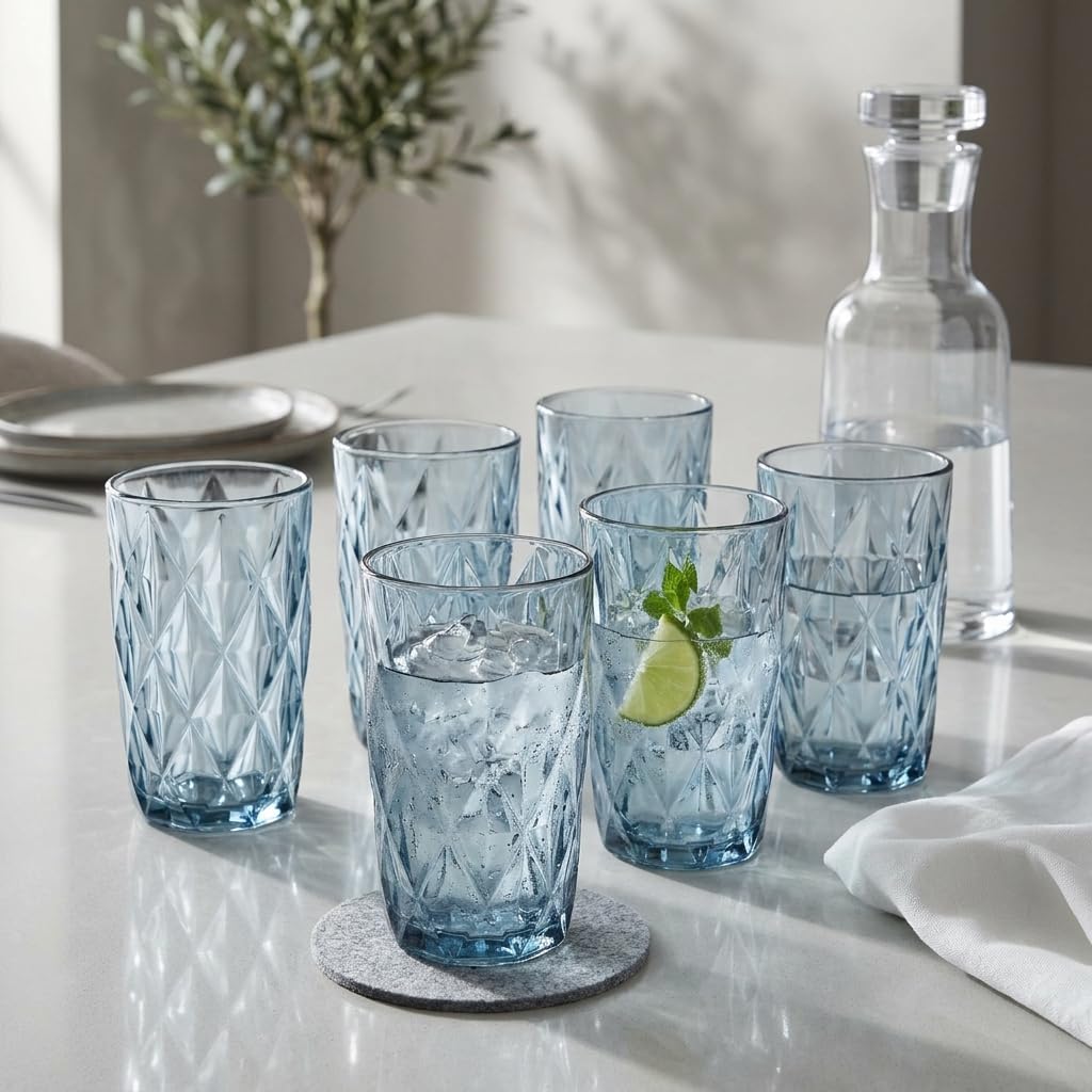Deconox 6'lı Mavi Cam Bardak Seti - Vintage Kabartma Desenli Su, Meşrubat ve Kokteyl Bardağı Takımı (400 ml)