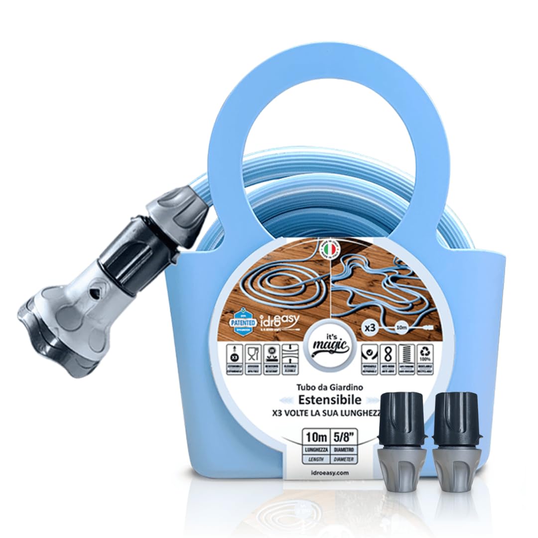 Idroeasy, Tubo Acqua da Giardino Estensibile 10 Metri, Diametro 5/8", Tubo Irrigazione allungabile x3, Anti Nodo e Anti Torsione, Atossico, Design Soft Pastel Blue, Tubo Giardino Made In Italy