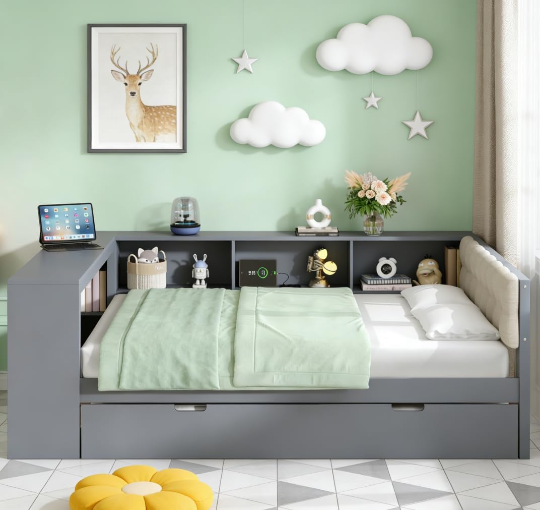 Bellemave Full Size Corner Bed Frame with Storage Shelves and Desk, Wood Full Daybed with Bookcase and Trundle and Upholstered Headboard,Charging Station, Gray