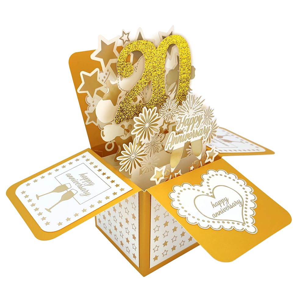 Gelukkig 20-jarig huwelijksjubileum pop-upwenskaart voor hem, groot 3D 20-jarig samen-cadeau voor echtgenote, beste 20 jaar getrouwd cadeau-idee voor hem en koppels