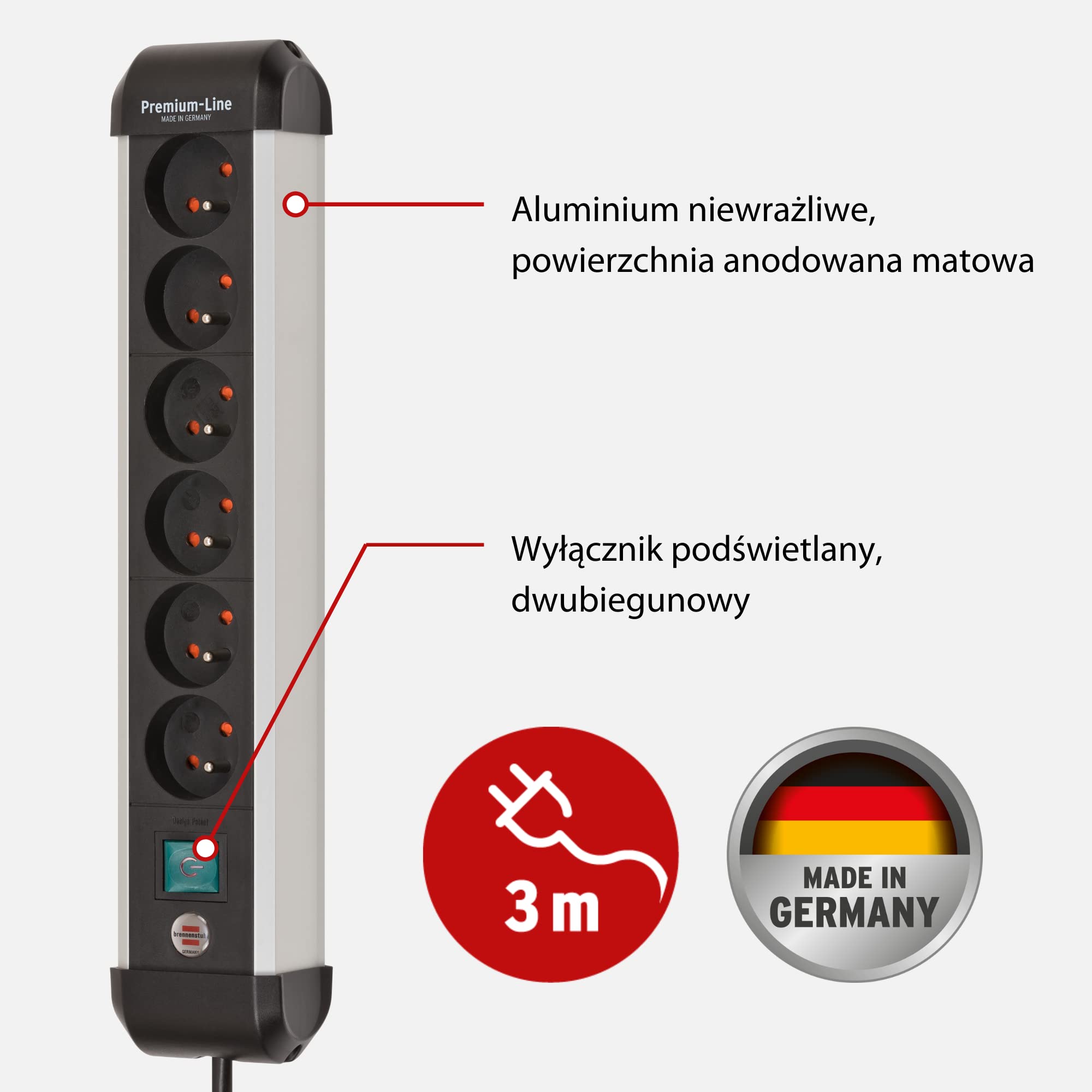 Brennenstuhl Premium-Alu-Line 6 Steckdosenleiste / Verlängerungsleiste aus hochwertigem Aluminium (mit Schalter und 3m Kabel, Made in Germany)