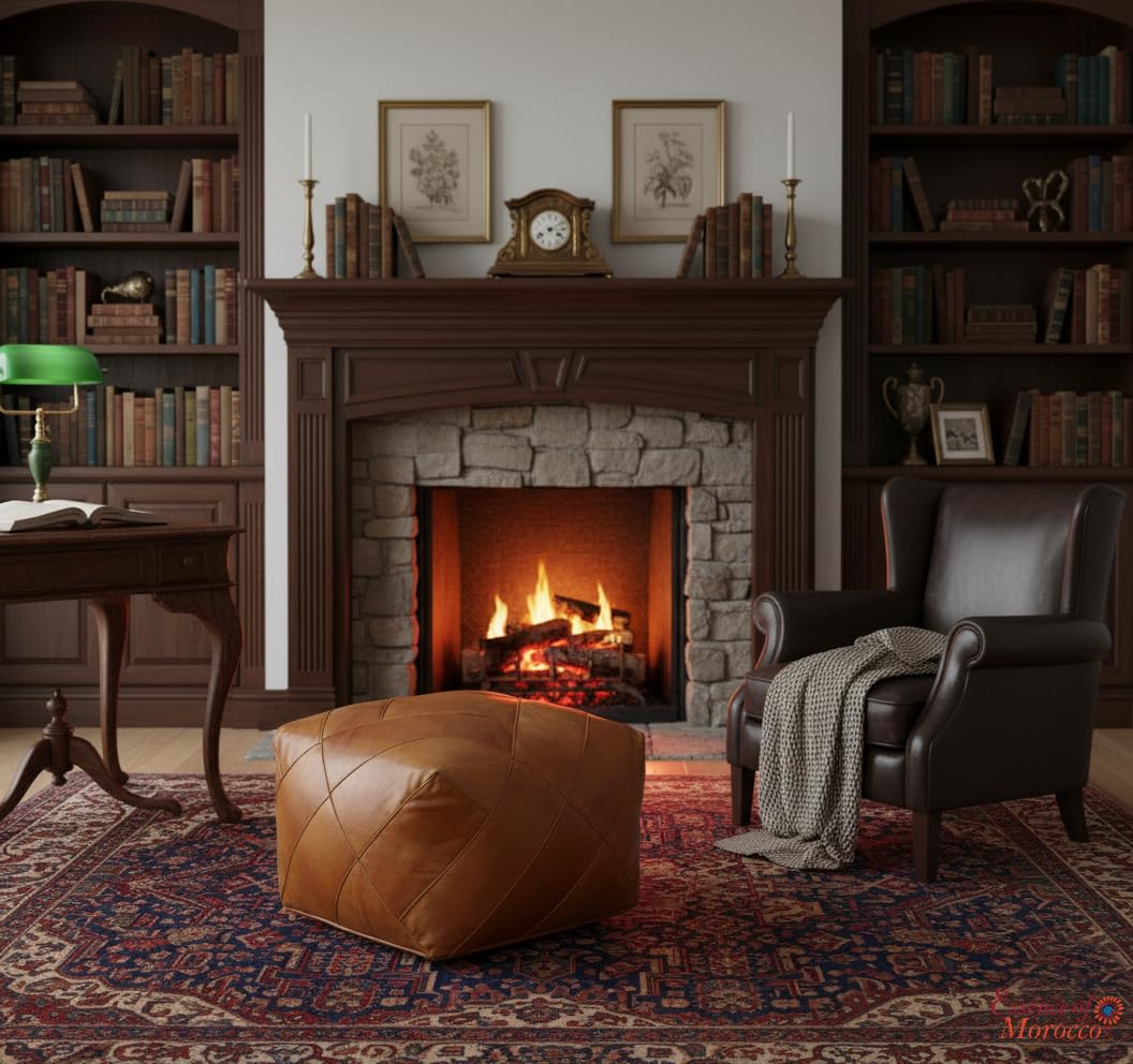 Marokkanischer Pouf Pouf Ottoman Fußbank Fußstütze Quadratisch Extra Groß Echtes Naturbraunes Leder Handgenäht Kachel Design (nur Bezug)