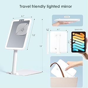 7.8" x 6.1" Rechargeable Travel Makeup Mirror with Lights and Magnification 10X, Foldable Stand with Adjustable Height & Angle, 3 Light Colors LED Lighted Vanity Mirror (White)