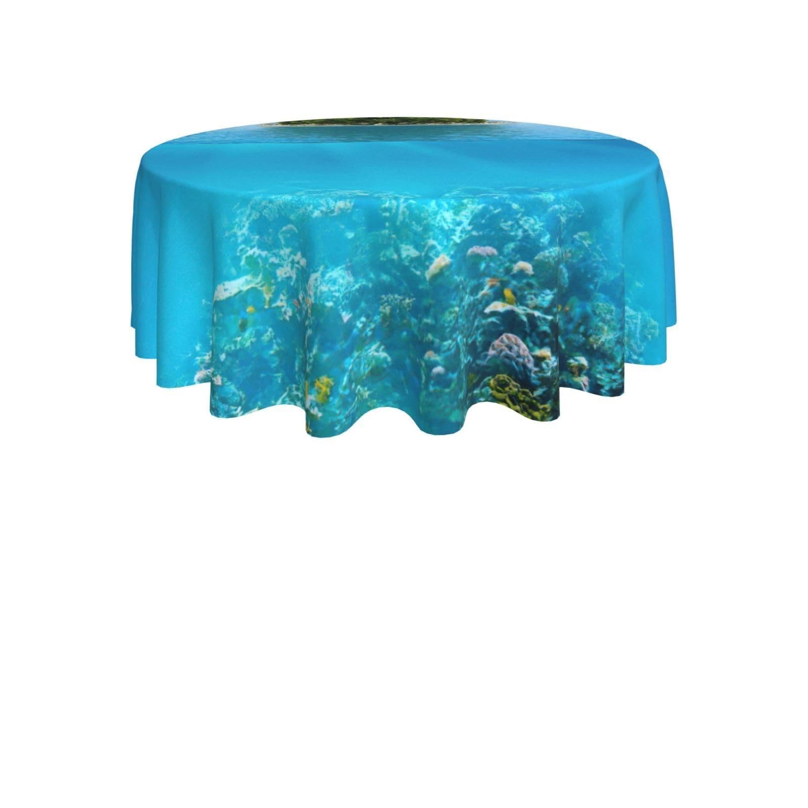 ENGhjes Underwater Coral Reef Seabed Print Round Tablecloth 60in Washable Stainproof Polyester Cloth for Kitchen Idea