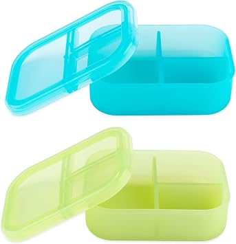 Bumkins - Silicone Bento Box - 3 Sections & Leak-Proof Lid - Food Safe - Set of 2 - Washable, Microwave, Freezer & Dishwasher Safe - Blue & Green