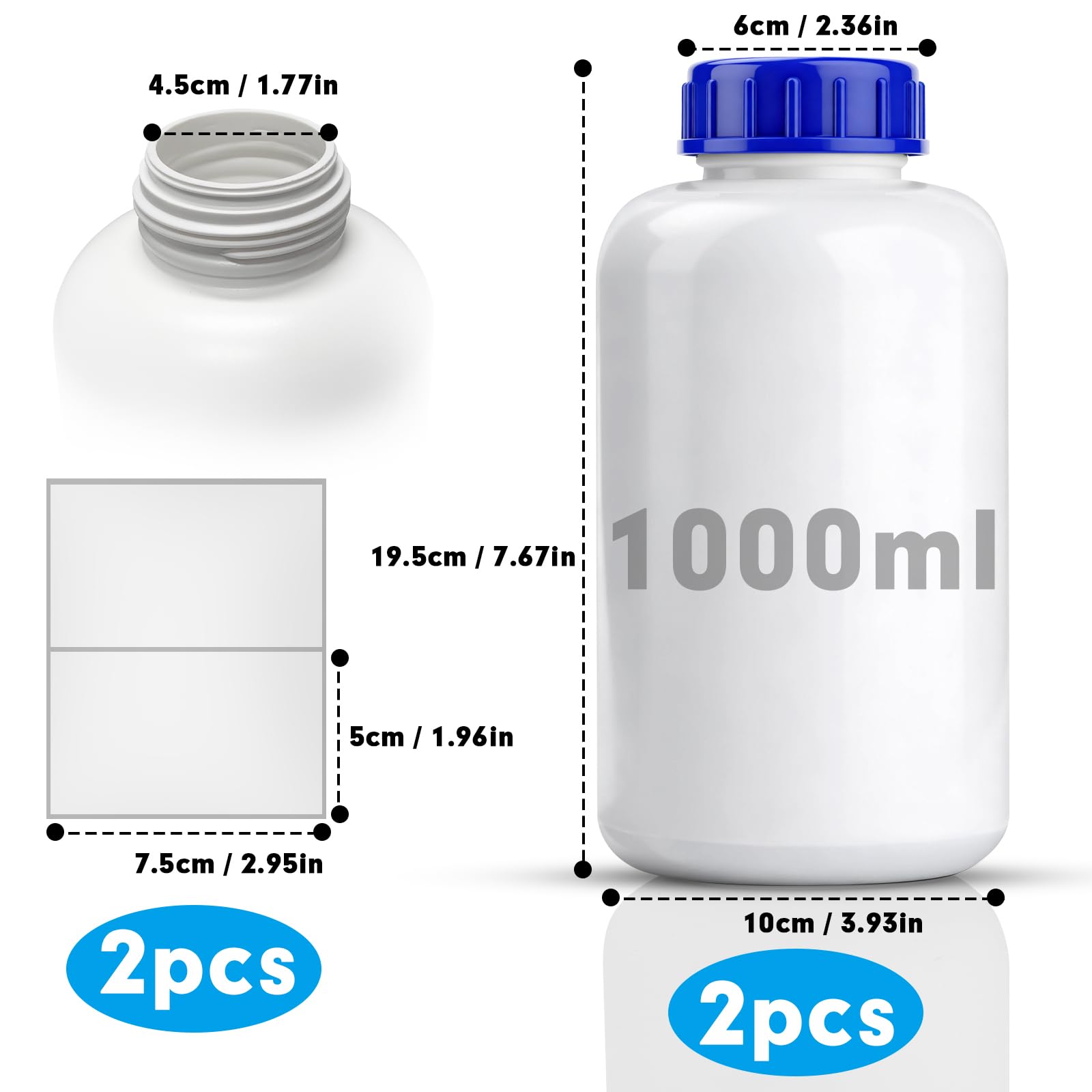 Botella de cuello ancho HDPE 1000 ml con tapón de rosca para laboratorio y productos químicos