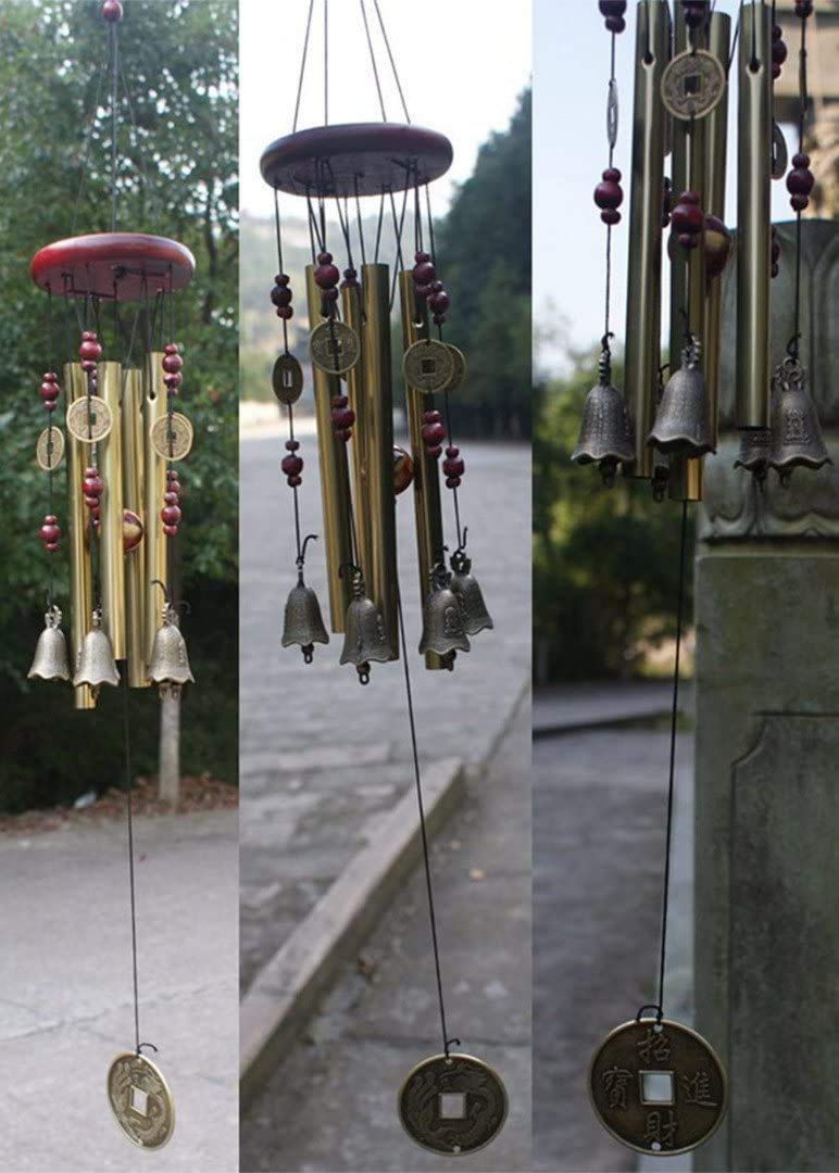 Chianrliu - Campanello a Vento, VI augura la prosperità: Incredibile Tradizionale Cinese, 4 Tubi in Bronzo, 5 Campane e Base in Legno, per Patio Esterno, Giardino e Decorazione Interna
