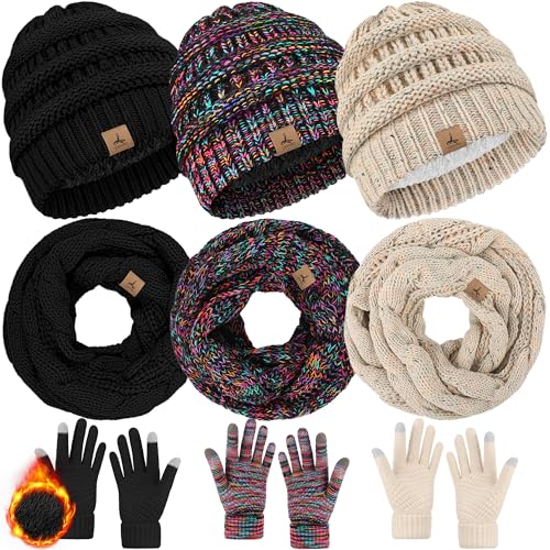 3 Set Winter Beanie Hat Scarf Gloves, Warm Fleece Knit Winter Hats Touch Screen Gloves Neck Scarf Set Winter Gifts Women