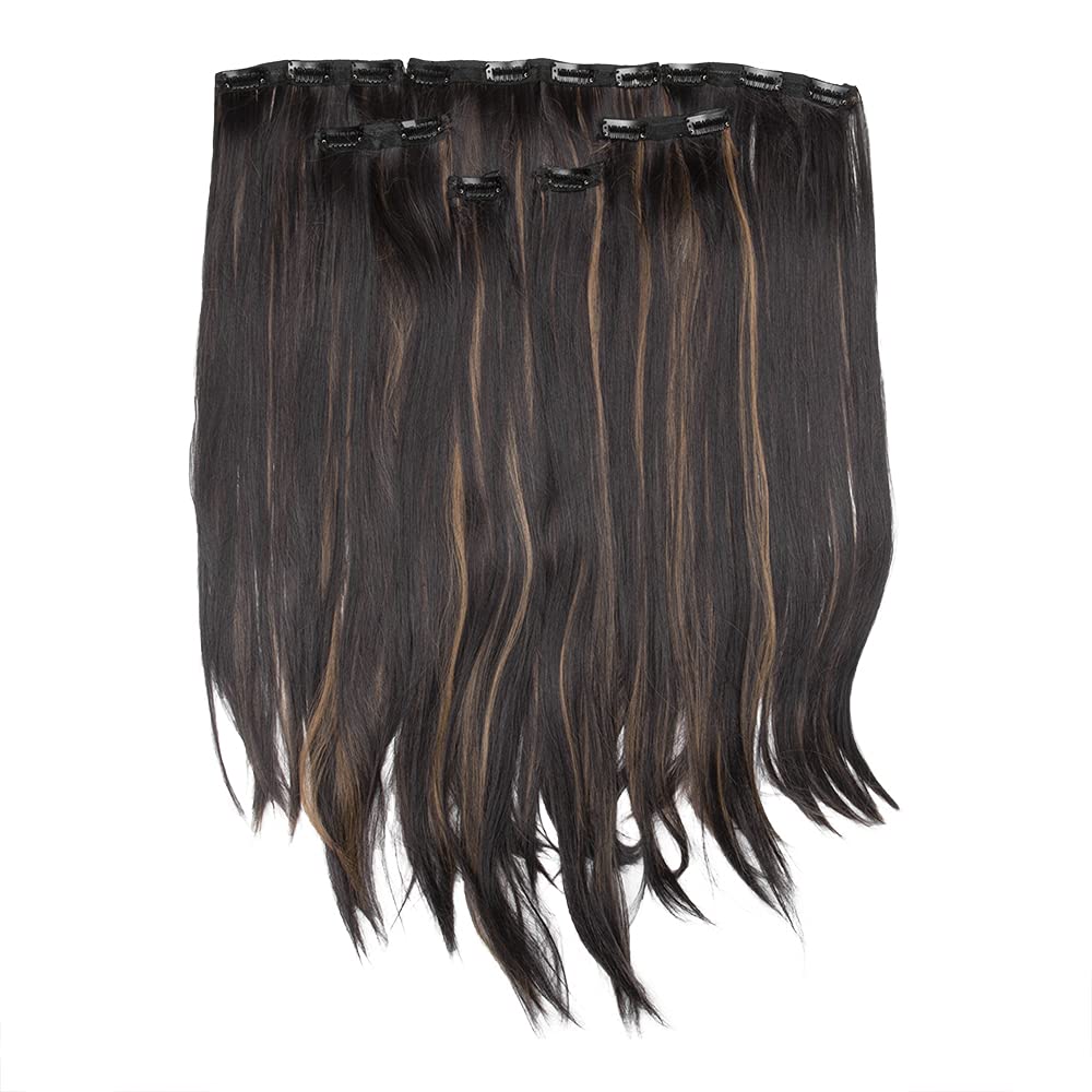 STREAK STREET 7 SET CLIP-IN VOLUMIZER DARK BROWN HAIR EXTENSIONS WITH GOLDEN BROWN HIGHLIGHTS