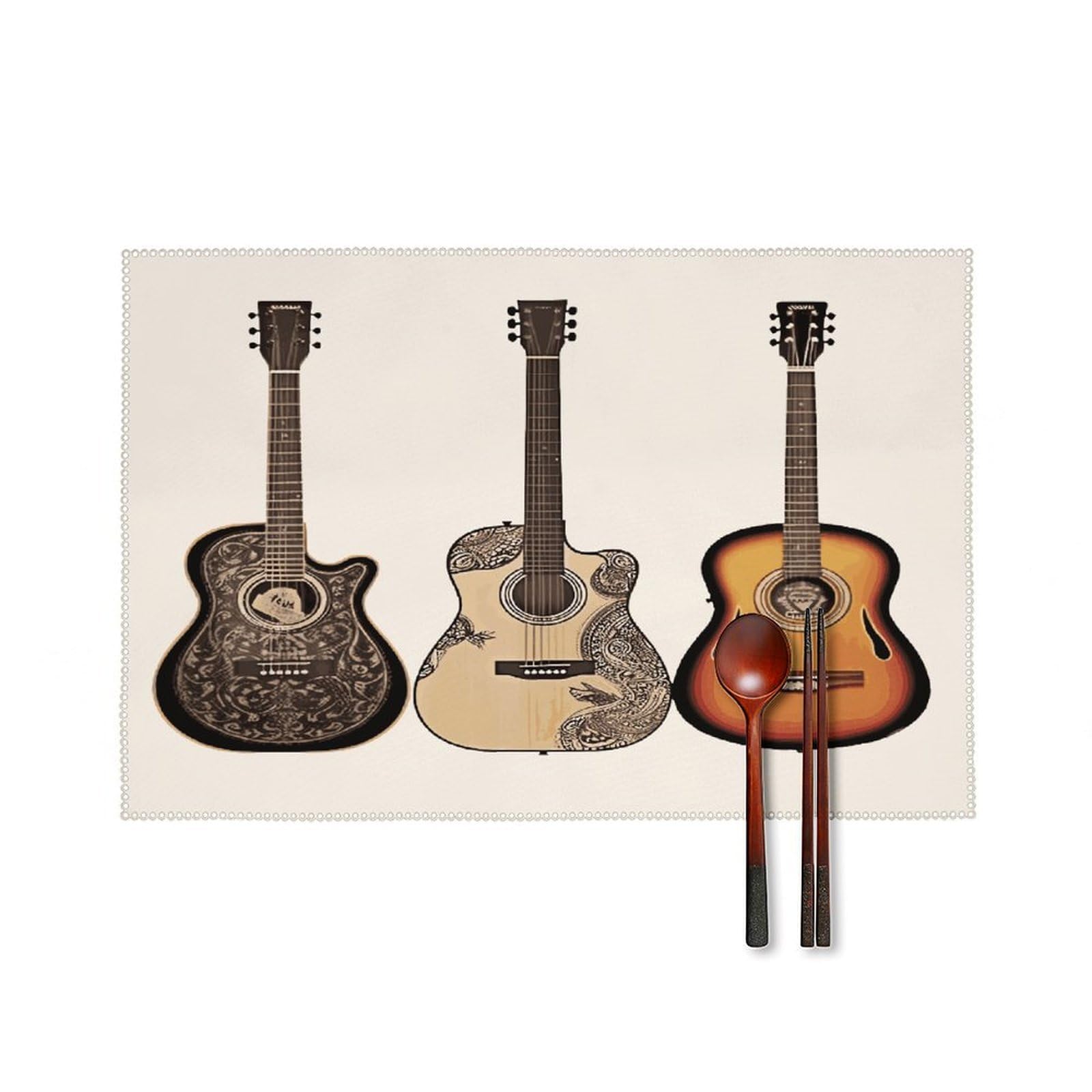 Btcowzrv Style Guitar Canvas Placemats Set Of 6, Wipeable Washable Place Mats For Indoor & Outdoor, Table Mat Decor For Kitchen Dining Party